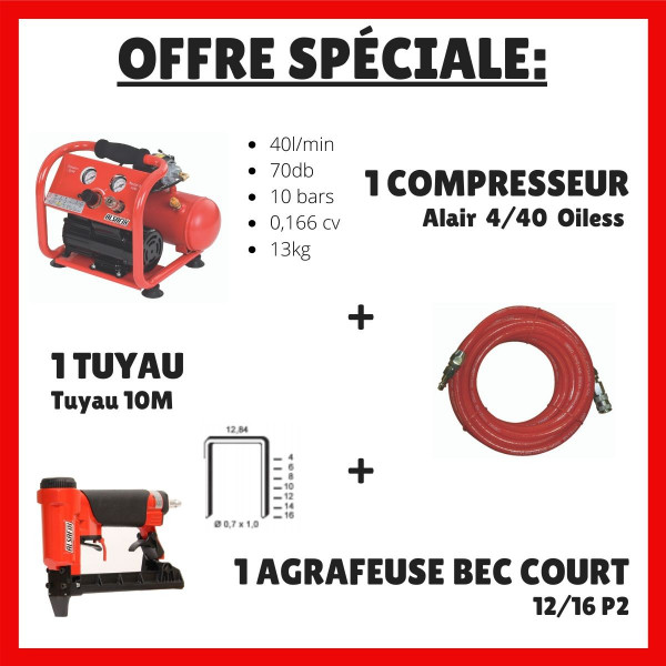 Offre spéciale - Compresseur + tuyau + agrafeuse Tapissier bec court