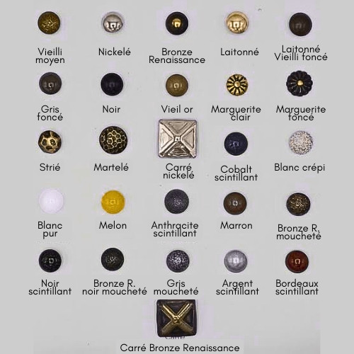 Carte échantillons de clous de tapissier