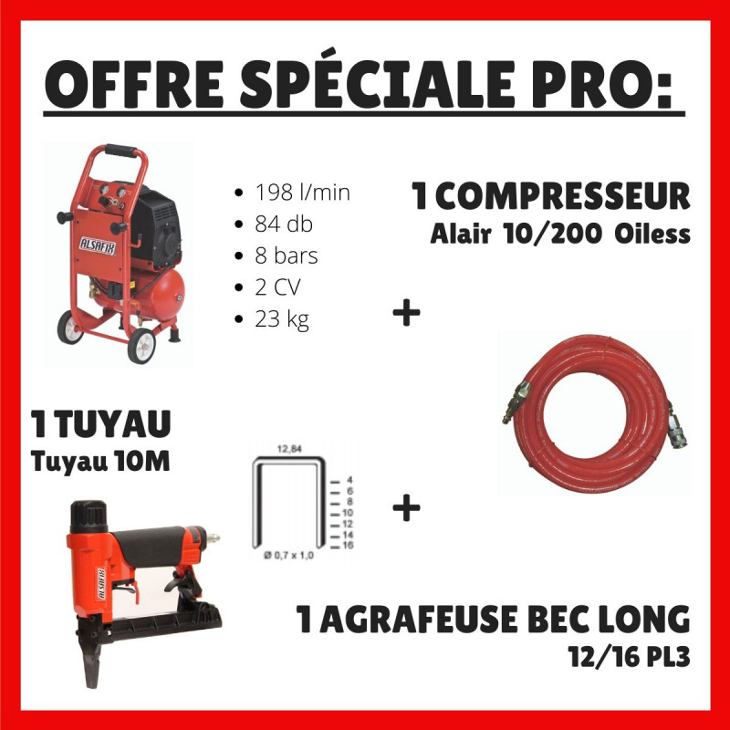 Offre spéciale PRO - Compresseur + tuyau + agrafeuse Tapissier bec long  - Fiche technique